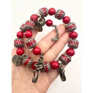 Tibetan silver red bead charm memory wire Bracelet